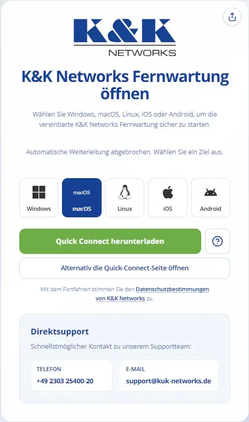 Quick-Connect-Seite für macOS mit dem K&K Networks Einladungscode