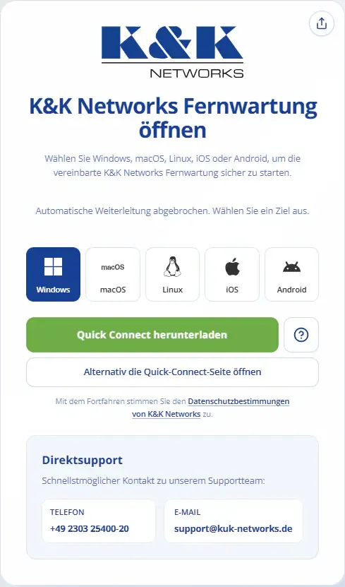 Quick-Connect-Seite für Windows mit dem K&K Networks Einladungscode